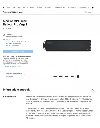 Apple Module MPX Carte Graphique AMD Radeon Pro Vega II Nouveau