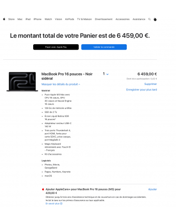 Apple MacBook Pro 16" M3 Max 128 Go RAM 2 To SSD CPU 16 cœurs GPU 40 cœurs Noir Sidéral