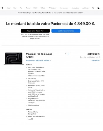 Apple MacBook Pro 16" M3 Max 48 Go RAM 1 To SSD CPU 16 cœurs GPU 40 cœurs Noir Sidéral Nouveau