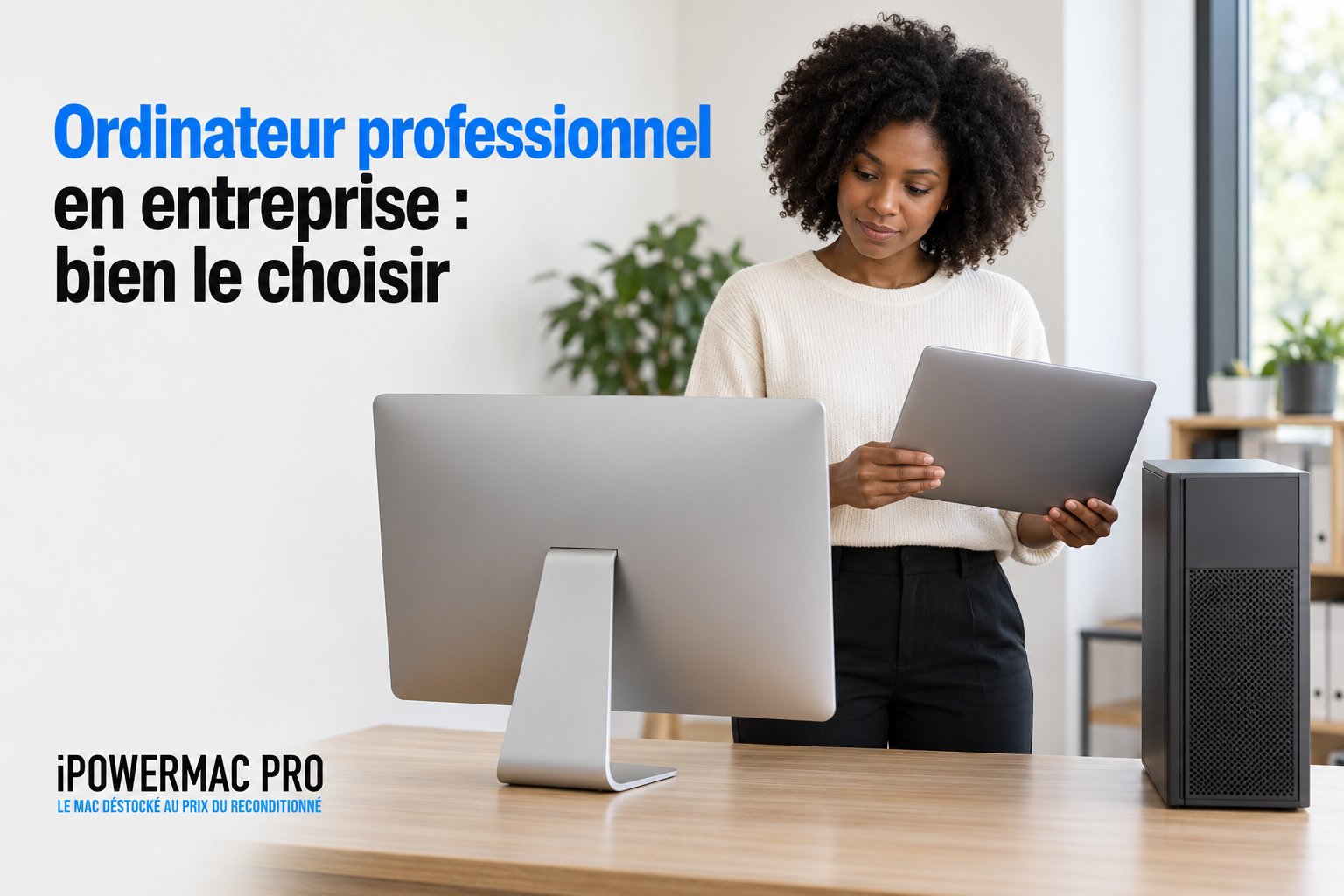 Une femme tient un ordinateur portable devant un ordinateur de bureau posé sur une table.