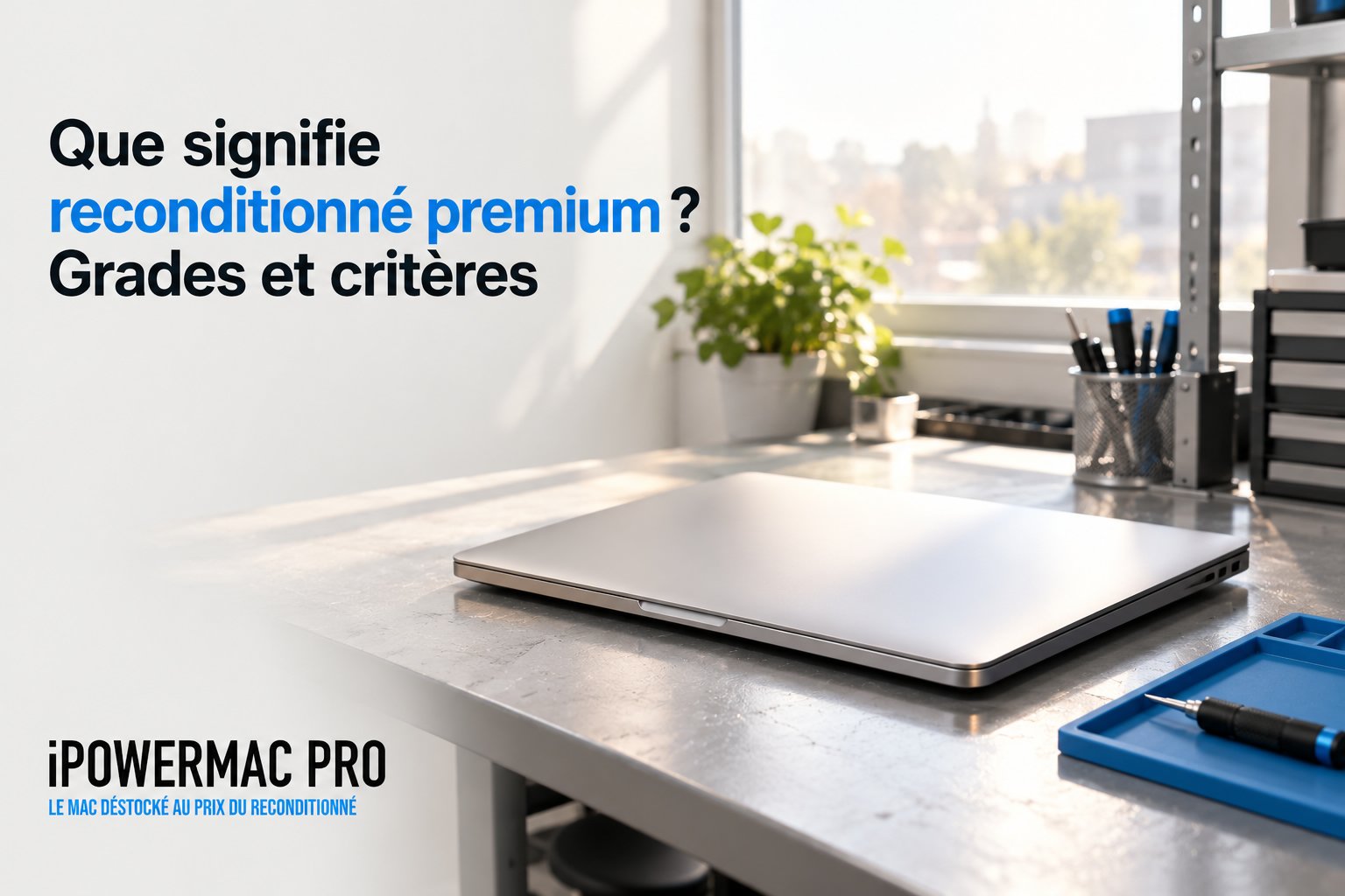 Un ordinateur portable fermé repose sur un établi près d’outils de réparation.