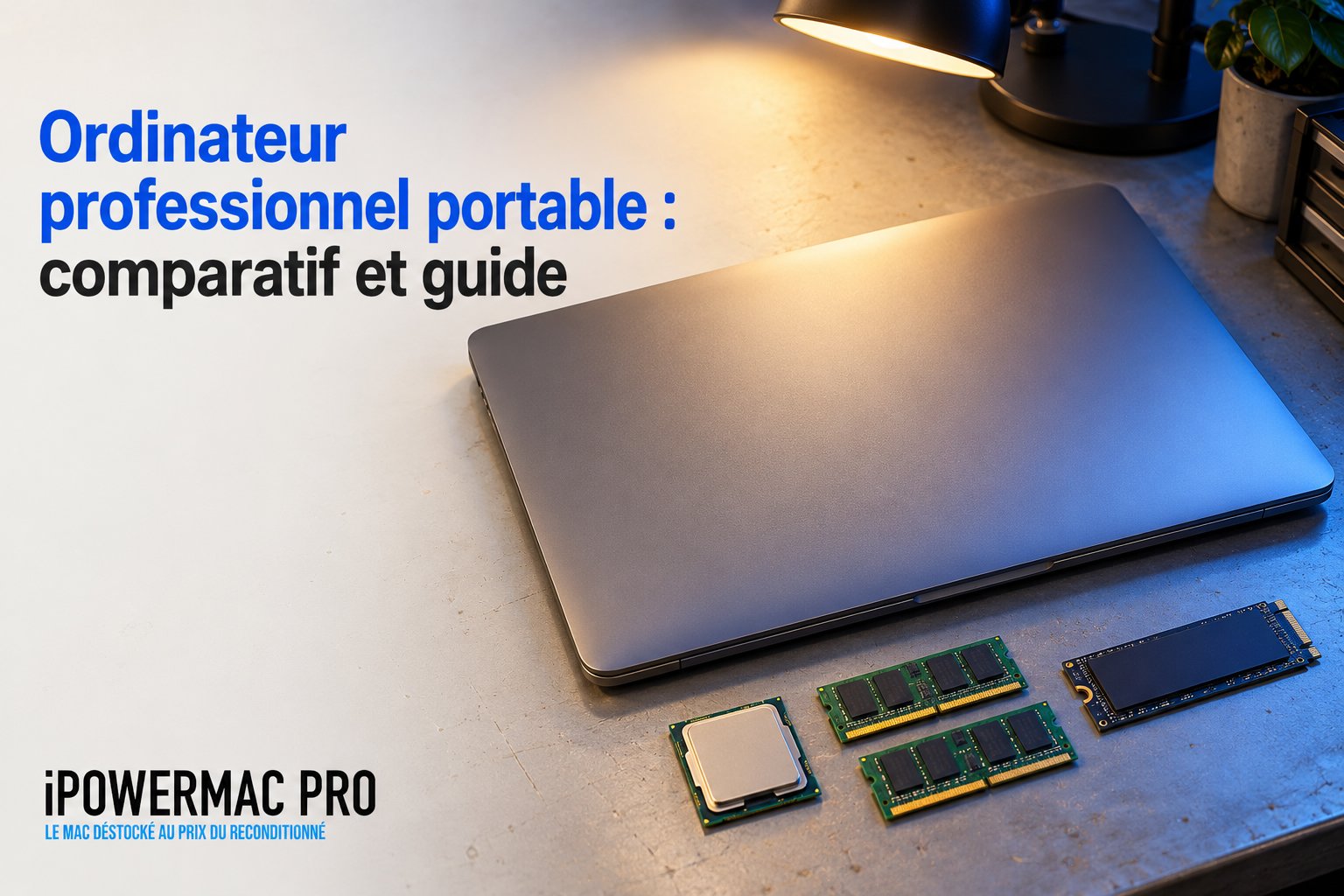 Ordinateur portable professionnel fermé avec des composants mémoire et un processeur déployés à côté sur une surface.